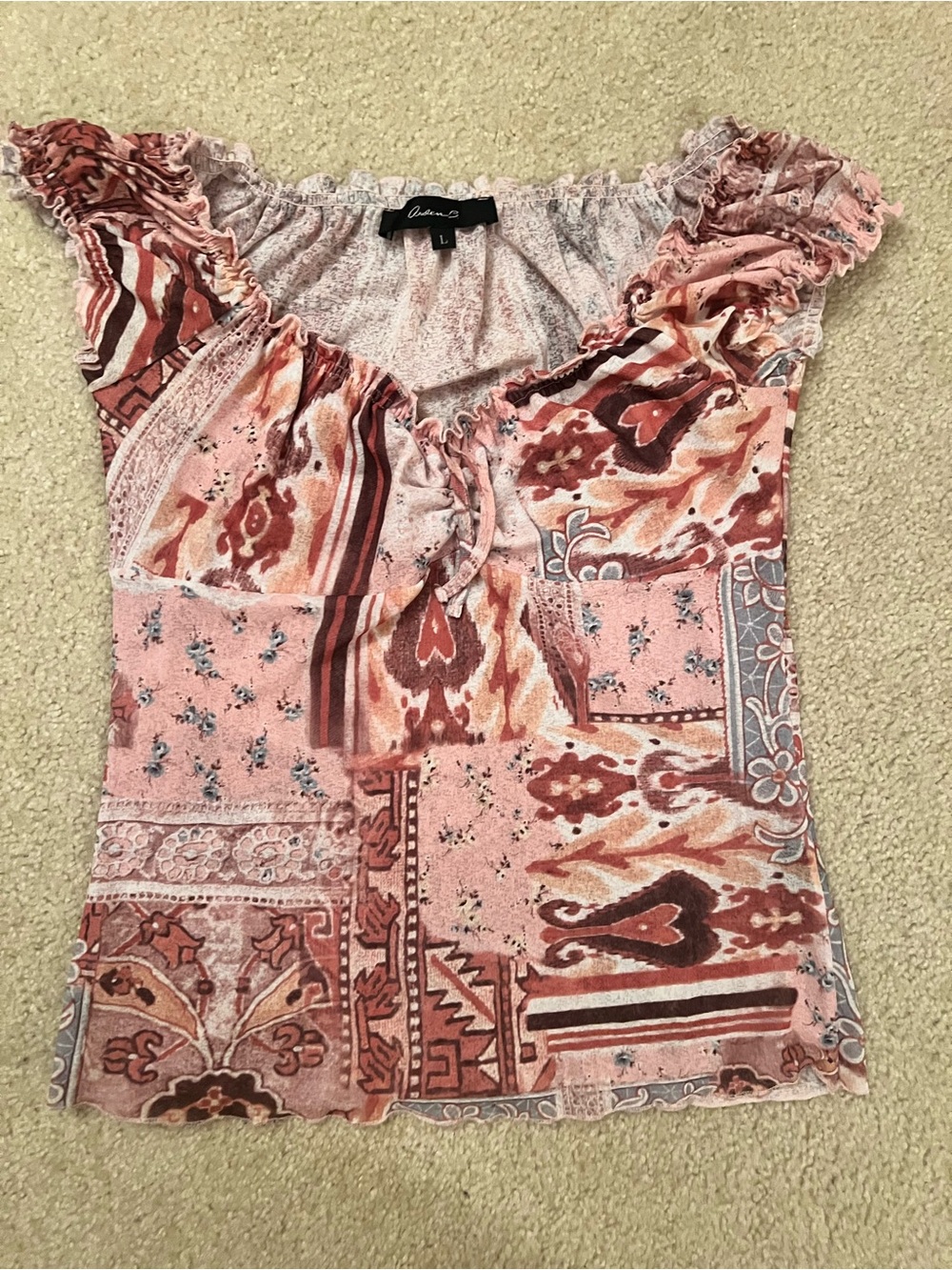 Arden B Pink Patchwork Print Ruffle Sleeve Blouse